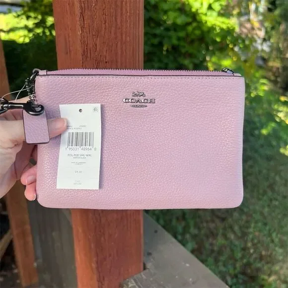 COACH Women's Pebble Leather Wristlet Wallet in Purple Ice w Silver Hardware NWT - Picture 7 of 11